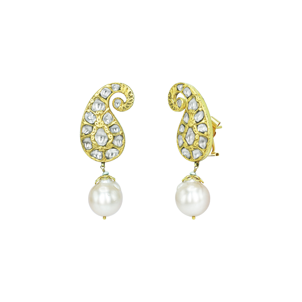 Paisley Polki Earrings with Pearl Drops